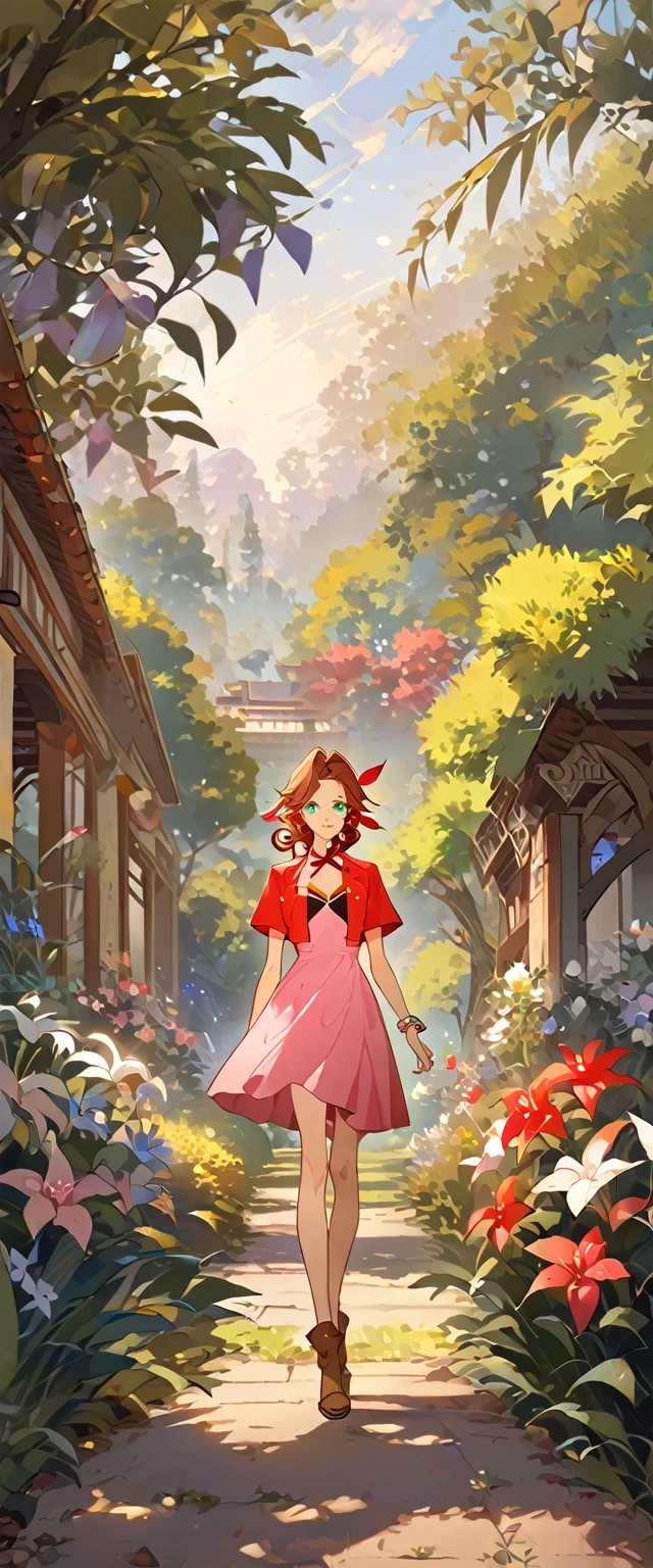 masterpiece, best quality, 8k, 4k, 1girl, aerith gainsborough, brown hair, high middle bang, longer side curly bang, long tight curly ponytail, green eyes, red hair ribbon, red bolero jacket, short sleeve jacket, cropped jacket, black tie choker, long pink straight dress, brown boots, bangles, walking in a garden, flowers, detailed background,, inspired by Asukaziye artist : ask, art style : ask