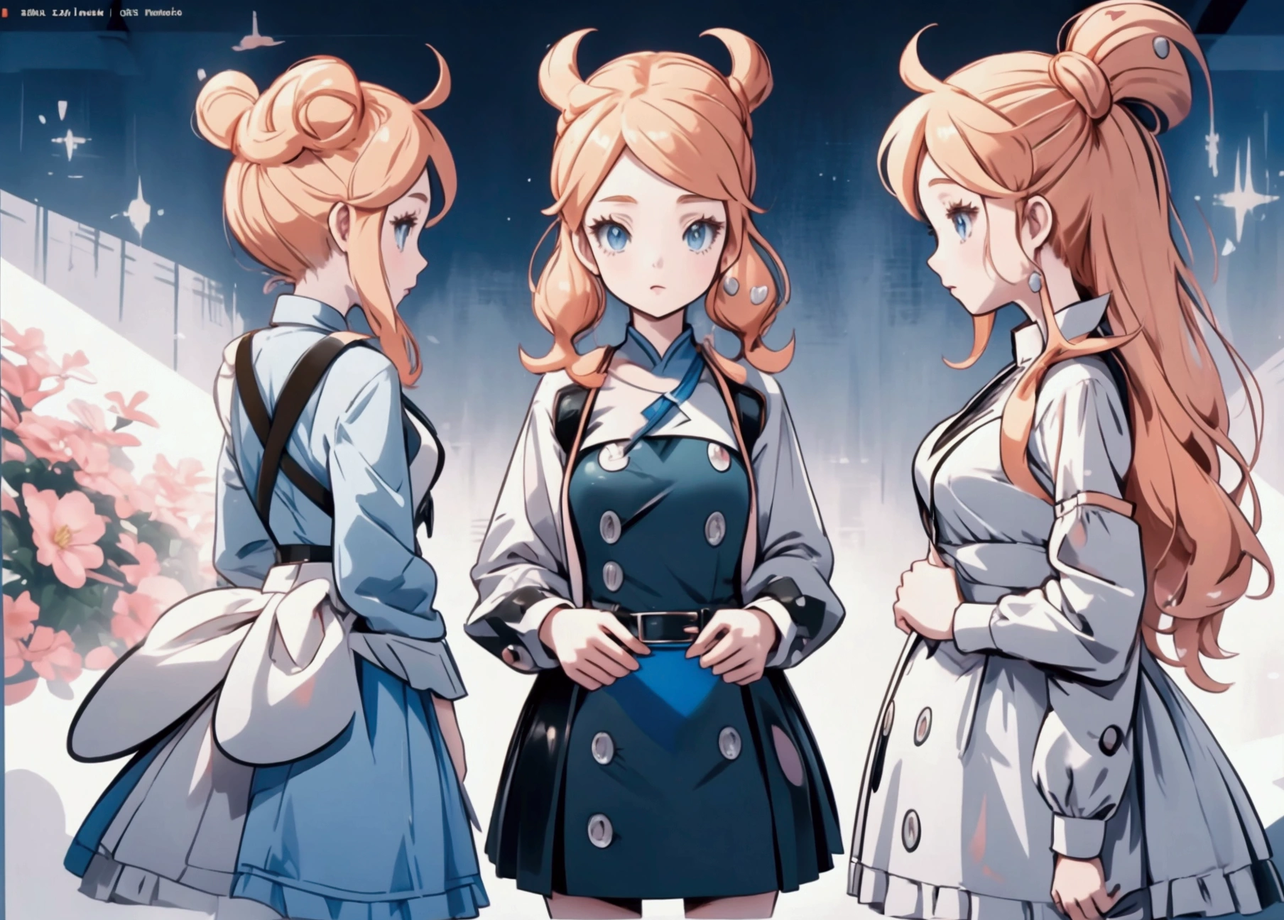 Sonia,pokemon,Standing Girl, cute, 1 girl, , 4-sided design, Diagonals, front, back, profile, Head to body ratio 5, character sheet, whole body, simple background, Four perspectives, tactical gear, bulletproof vest, Good quality, high detail, researcher,Pokemon bowser,ultra detailed, masterpiece, best quality, aesthetic, detailed