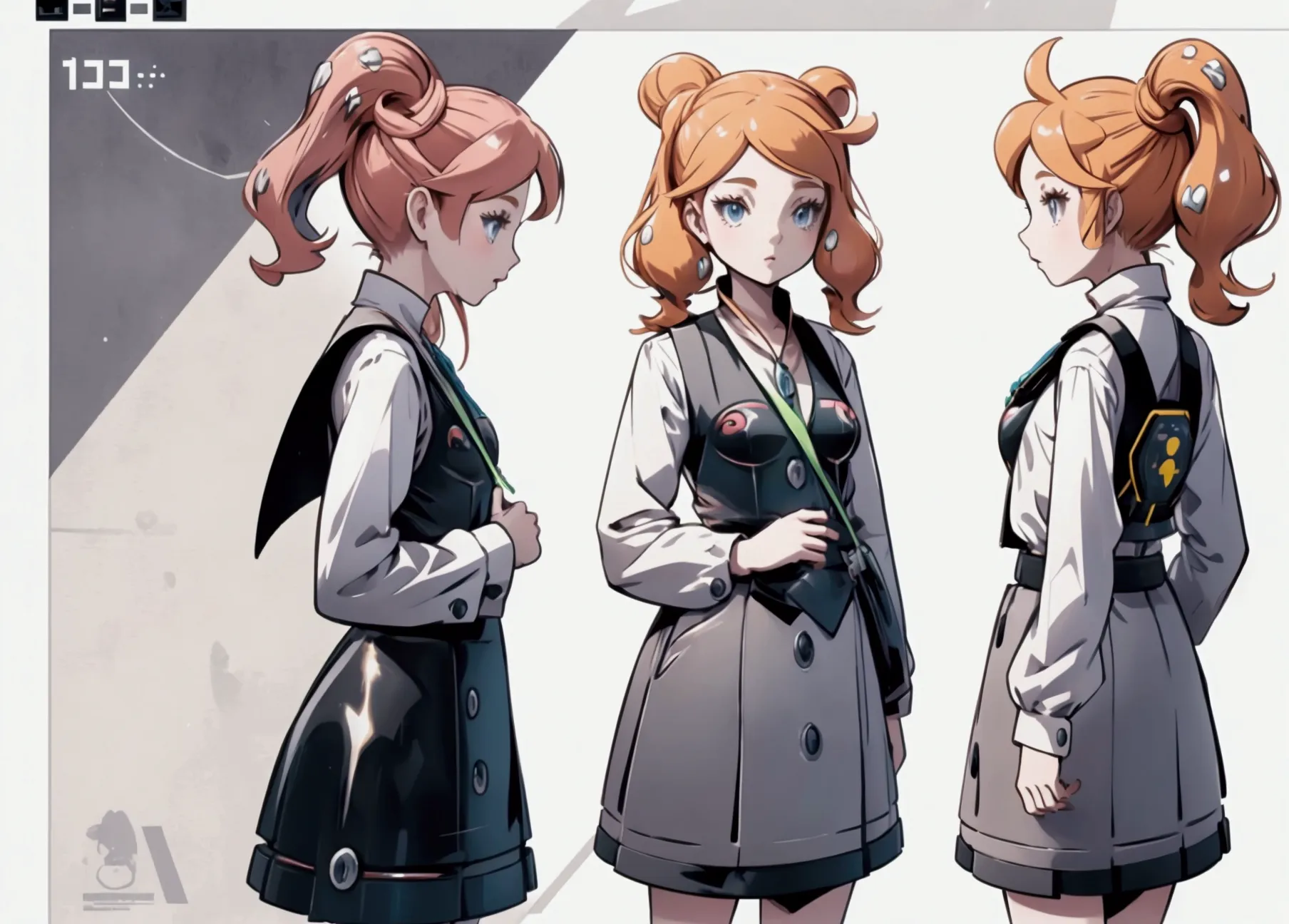 sonia,pokemon,standing girl, cute, 1 girl, , 4-sided design, diagonals, front, back, profile, head to body ratio 5, character sh...