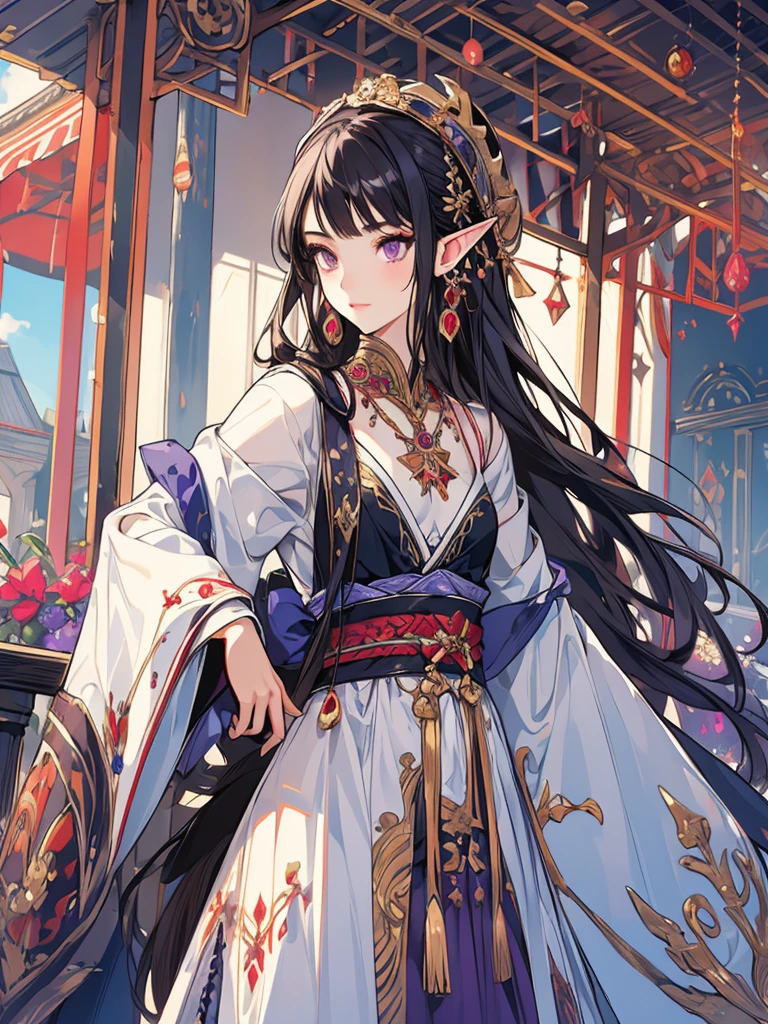 masterpiece, best quality, 1girl, ultra detailed, ultra highres, well-definded facial features, anatomically correct, cute girl, long pointy ears, elf, nice face,black hair, puple eyes, bohemian ethnic costume, art deco, 