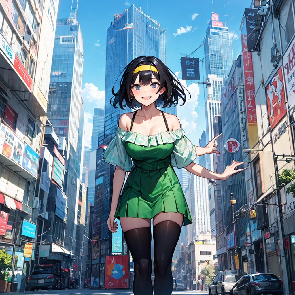 (solo), (1 skinny girl standing), arms behind back, swaying back, (tight-fit black thighhighs), collarbone, BREAK, (yellow hairband), green off-shoulder dress with shoulder straps, (off-shoulder white shirts under dress:1.2), glass-walled skyscrapers in distance, BREAK, (long skinny legs), huge breasts, BREAK, (forced smile:1.3), (dripping tires:1.3), (disappeared), open mouth, orgasm, nsfw, pussy juice dripping down between thighs