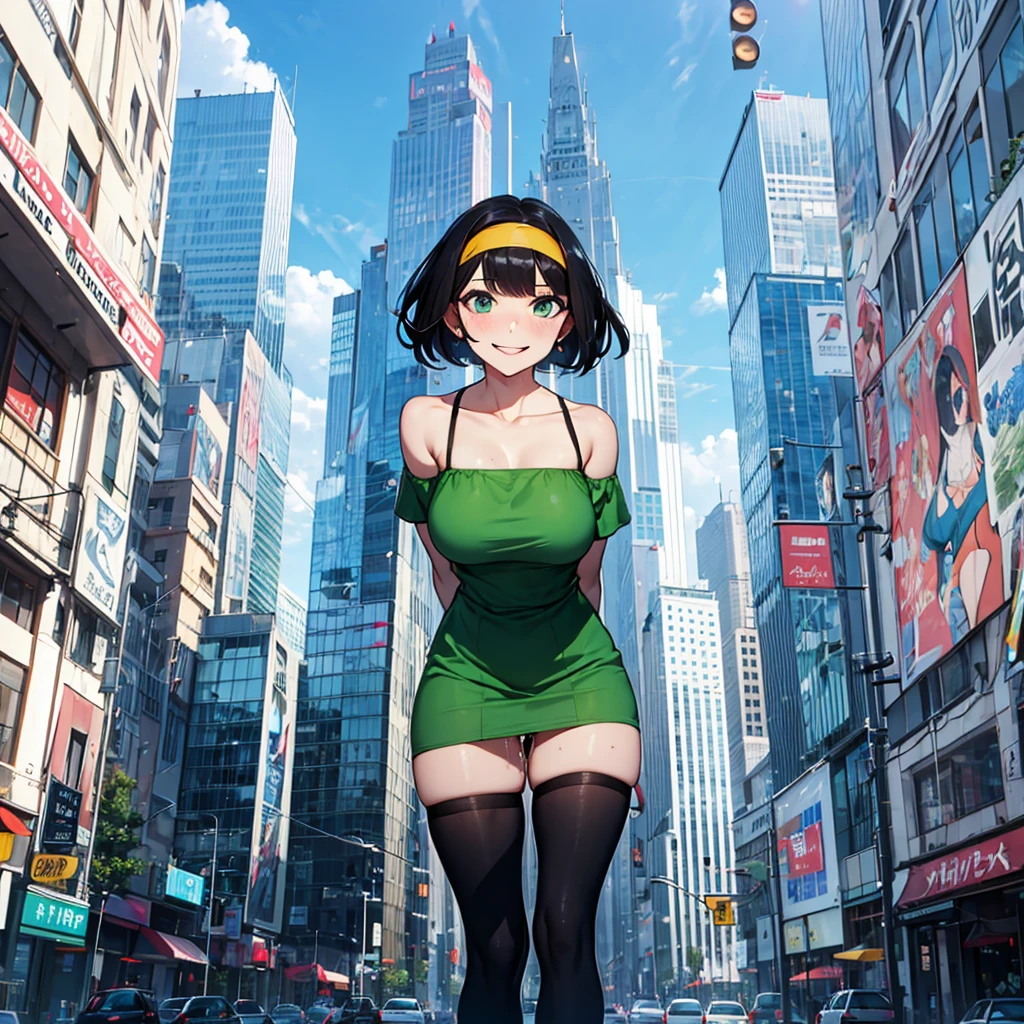 (solo), (1 skinny girl standing), arms behind back, swaying back, (tight-fit black thighhighs), collarbone, BREAK, (yellow hairband), green off-shoulder dress with shoulder straps, (off-shoulder white shirts under dress:1.2), glass-walled skyscrapers in distance, BREAK, (long skinny legs), huge breasts, BREAK, (forced smile:1.3), (dripping tires:1.3), (disappeared), open mouth, orgasm, nsfw, pussy juice dripping down between thighs