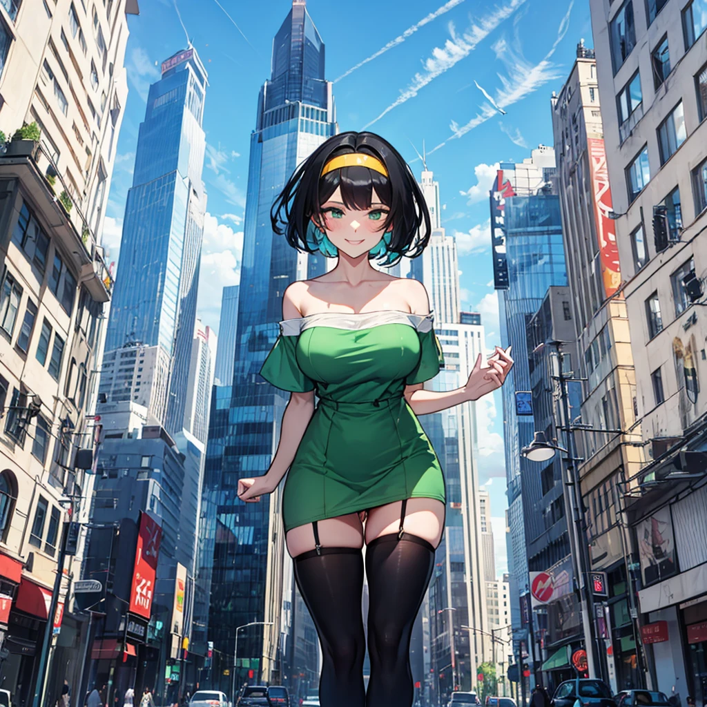 (solo), (1 skinny girl standing), arms behind back, swaying back, (tight-fit black thighhighs), collarbone, BREAK, (yellow hairband), green off-shoulder dress with shoulder straps, (off-shoulder white shirts under dress:1.2), glass-walled skyscrapers in distance, BREAK, (long skinny legs), huge breasts, BREAK, (forced smile:1.3), (dripping tires:1.3), (disappeared), open mouth, orgasm, nsfw, pussy juice dripping down between thighs