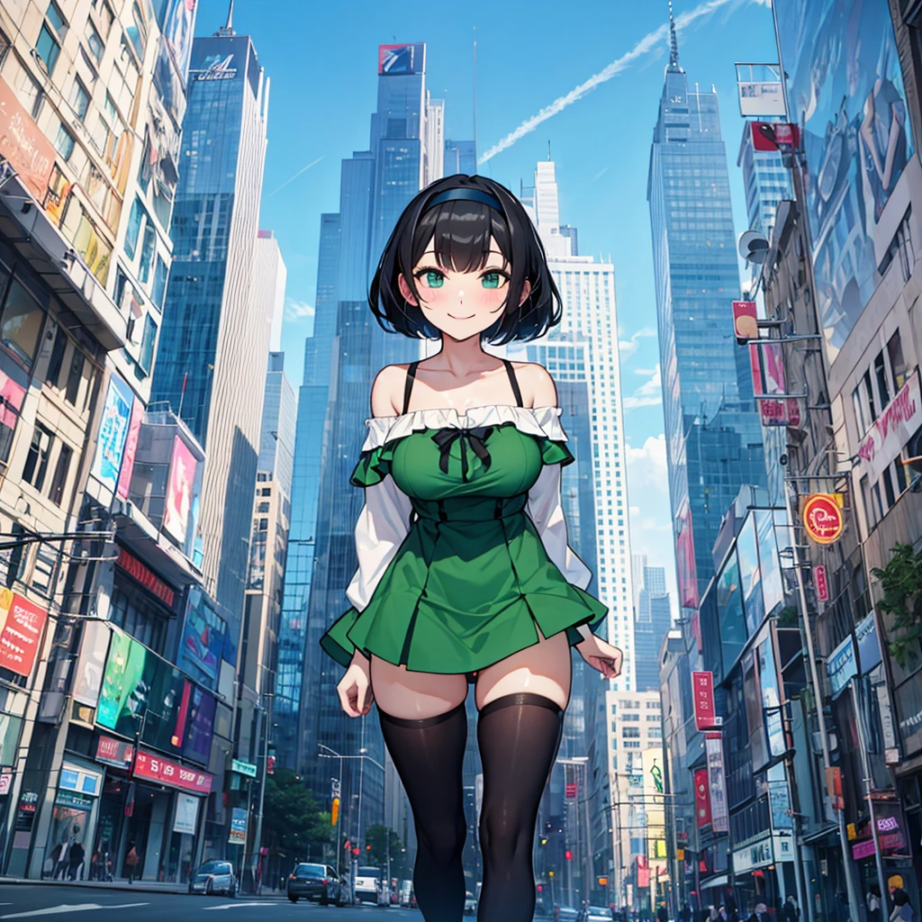 (solo), (1 skinny girl standing), arms behind back, swaying back, (tight-fit black thighhighs), collarbone, BREAK, (yellow hairband), green off-shoulder dress with shoulder straps, (off-shoulder white shirts under dress:1.2), glass-walled skyscrapers in distance, BREAK, (long skinny legs), huge breasts, BREAK, (forced smile:1.3), (dripping tires:1.3), (disappeared), open mouth, orgasm, nsfw, pussy juice dripping down between thighs