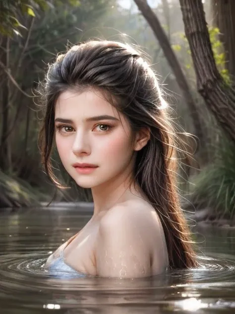 close up portrait of a cute woman (gldot) bathing in a river, reeds, (backlighting), realistic, masterpiece, highest quality, le...