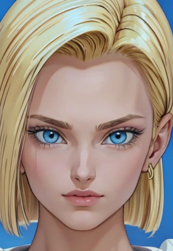 masterpiece, Close-up of Lazuli, Android 18, blonde with big blue eyes smooth skin detailed face perfectly eyeliner voluminous lips upturned nose extraordinary beauty wallpaper fanart rendering high resolution 12k 