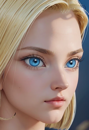 masterpiece, Close-up of Lazuli, Android 18, blonde with big blue eyes smooth skin detailed face perfectly eyeliner voluminous lips upturned nose extraordinary beauty wallpaper fanart rendering high resolution 12k 