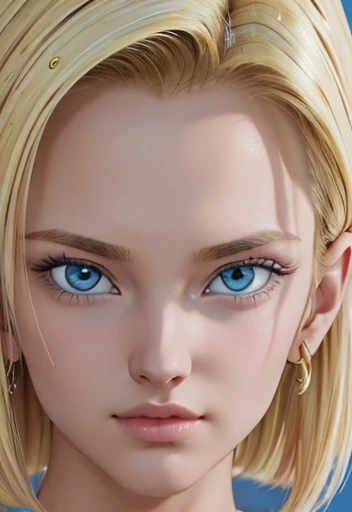 masterpiece, Close-up of Lazuli, Android 18, blonde with big blue eyes smooth skin detailed face perfectly eyeliner voluminous lips upturned nose extraordinary beauty wallpaper fanart rendering high resolution 12k 