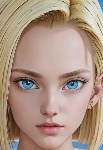 masterpiece, close-up of lazuli, android 18, blonde with big blue eyes smooth skin detailed face perfectly eyeliner voluminous l...