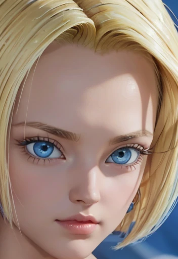 masterpiece, Close-up of Lazuli, Android 18, blonde with big blue eyes smooth skin detailed face perfectly eyeliner voluminous lips upturned nose extraordinary beauty wallpaper fanart hyperrealistic high resolution 12k 