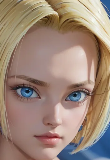 masterpiece, close-up of lazuli, android 18, blonde with big blue eyes smooth skin detailed face perfectly eyeliner voluminous l...