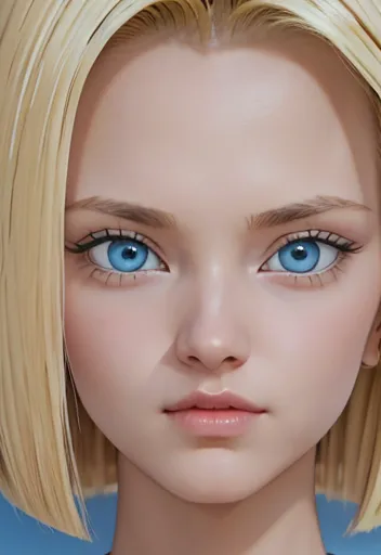 masterpiece, close-up of android 18, blonde with big blue eyes smooth skin detailed face perfectly eyeliner voluminous lips uptu...