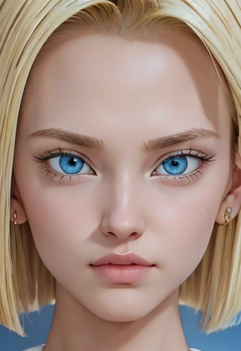 masterpiece, Close-up of Android 18, blonde with big blue eyes smooth skin detailed face perfectly eyeliner voluminous lips upturned nose extraordinary beauty wallpaper fanart hyperrealistic high resolution 12k 