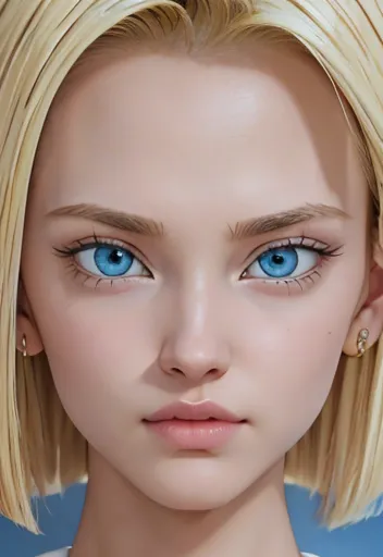 masterpiece, close-up of android 18, blonde with big blue eyes smooth skin detailed face perfectly eyeliner voluminous lips uptu...