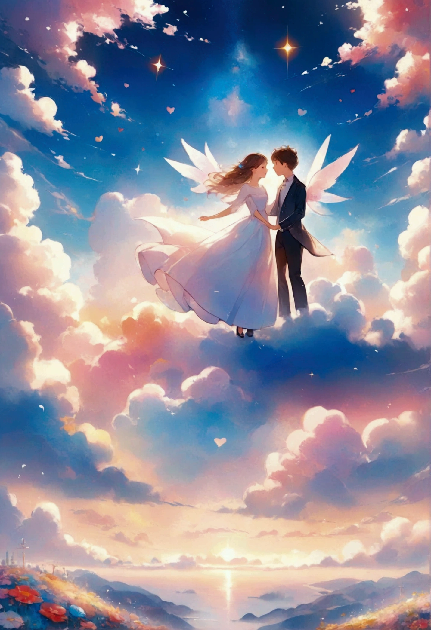 Couple standing on clouds