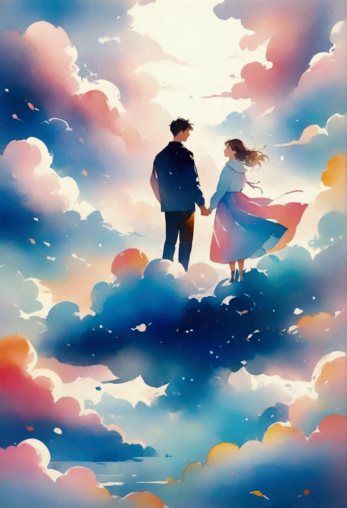 Couple standing on clouds