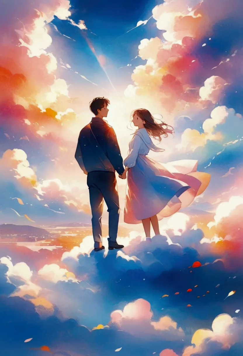 couple standing on clouds