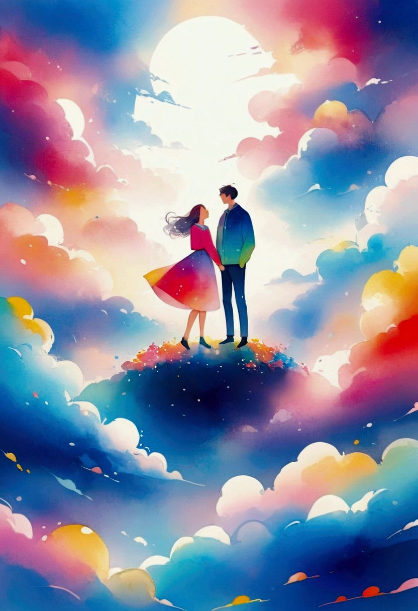 Couple standing on clouds