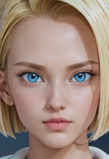 masterpiece, close-up of android 18, blonde with big tits , blue eyes smooth skin detailed face perfectly eyeliner voluminous li...