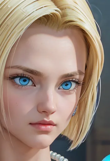 masterpiece, close-up of android 18, blonde with big tits , blue eyes smooth skin detailed face perfectly eyeliner voluminous li...