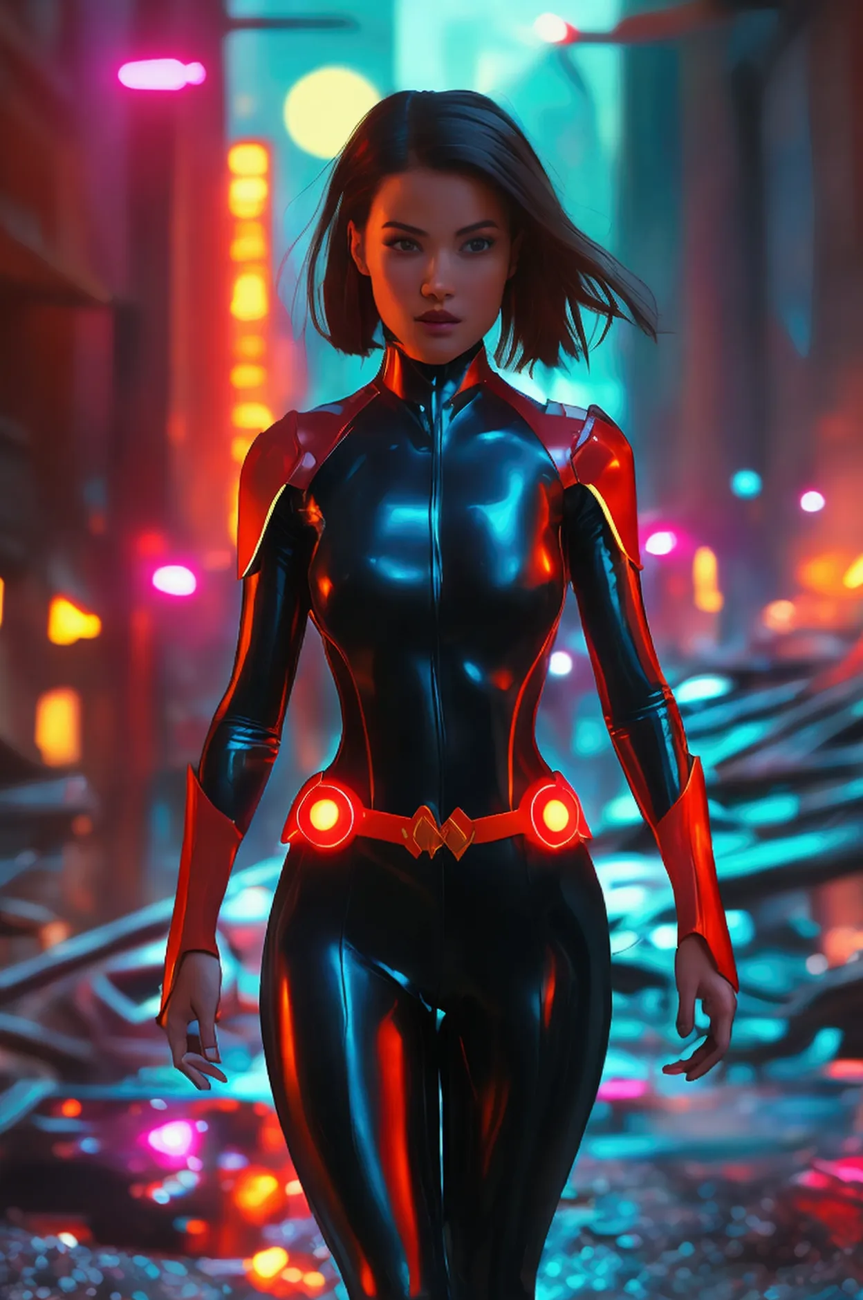 very hot woman with a sexy cosplay, tall and athletic, with a brightly colored superhero costume and cape.walking with determina...