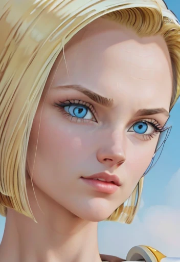 masterpiece, Close-up of Android 18, Blonde with big tits , blue eyes smooth skin detailed face perfectly eyeliner voluminous lips upturned nose extraordinary beauty wallpaper fanart hyperrealistic high resolution 12k 