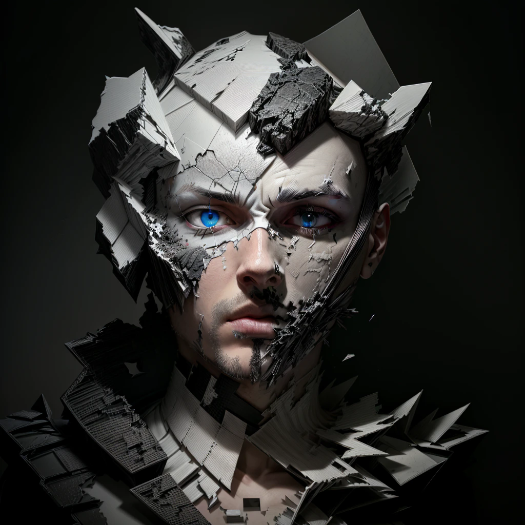 a black and white photo of a face with broken pieces of paper, cracked porcelain face, subject made of cracked clay, broken mask, inspired by Igor Morski, shattered abstractions, shattered wall, shattering, shattered, 3d portrait, 3d render digital art, detailed face ), digital sculpture, made of paper, fragmented, by Patrick Pietropoli