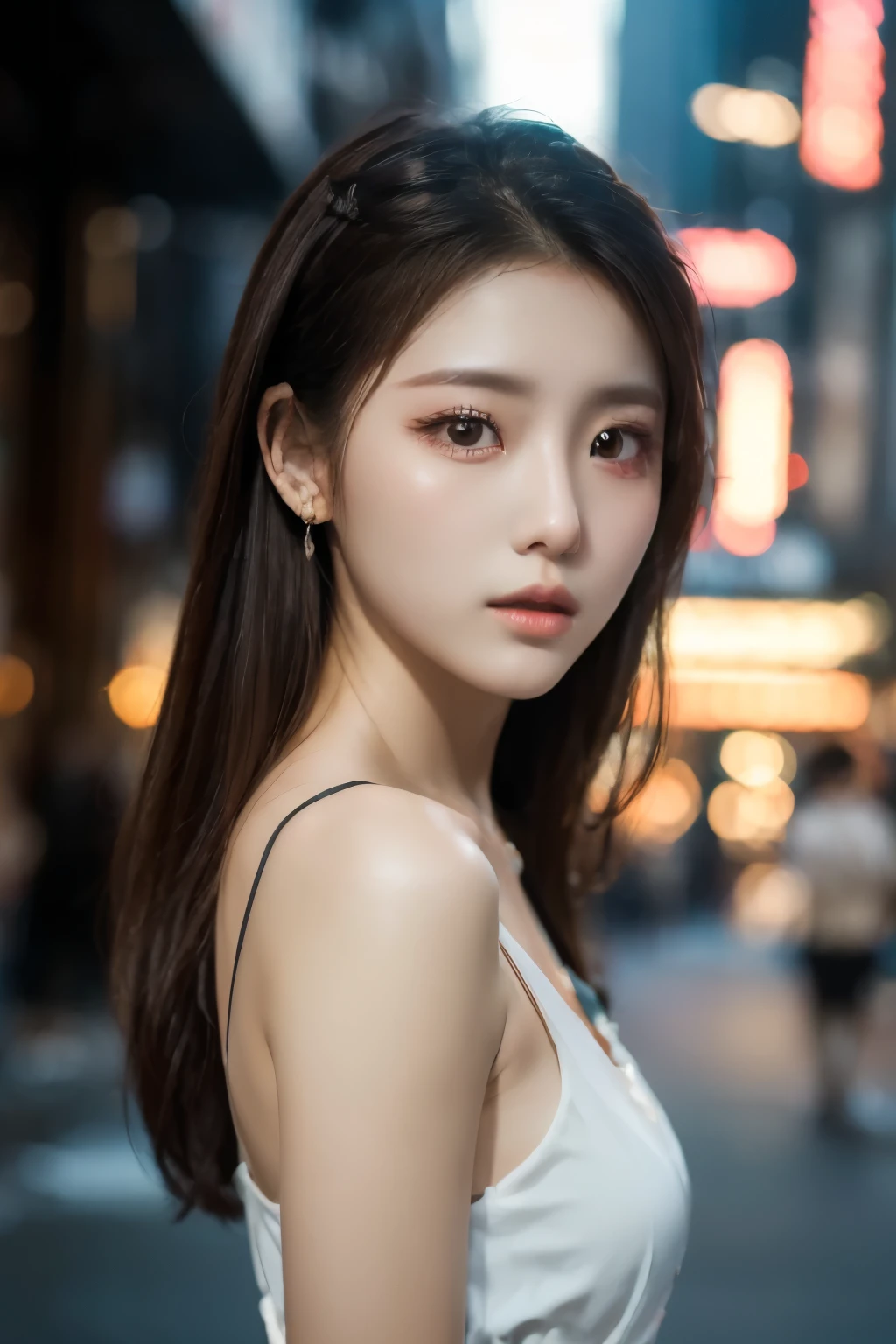 4K, high resolution, best quality, (Korean idol), Fine-grained skin, smooth face, sharp focus, (movie lights), soft lighting, dynamic angle, [:(detailed face:1.2):0.3], young korean woman, city, Full-length photo, mini dress