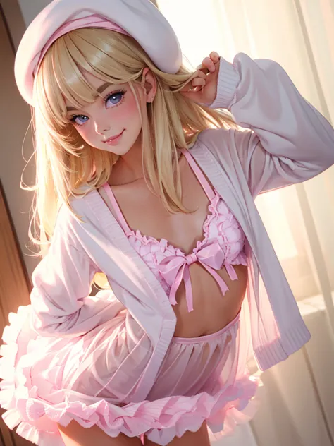 (best quality), 1boy, male, femboy, cute face, porcelain skin, blonde hair, straight hair, long hair, swept bangs, beret, cardig...