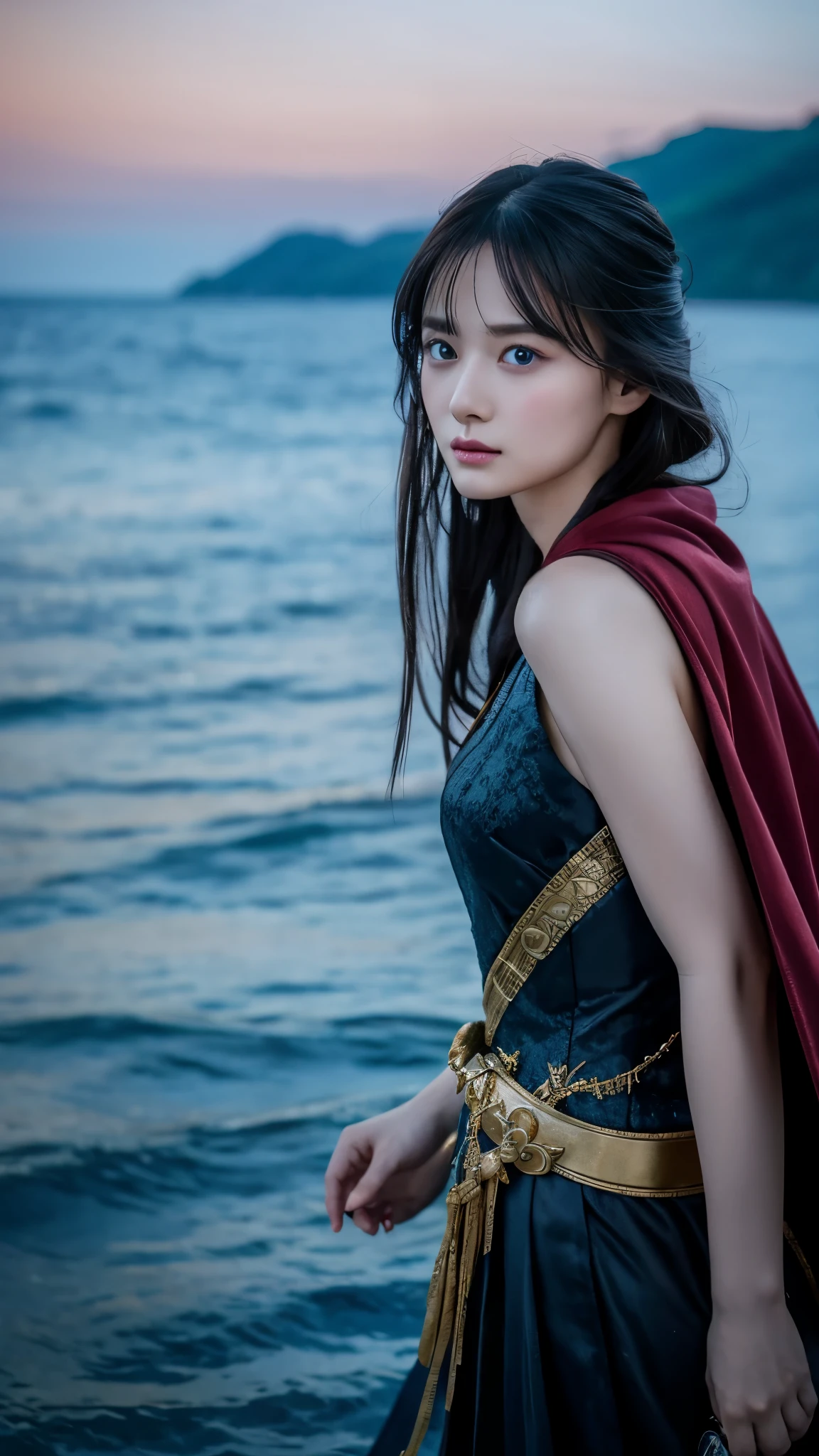 High resolution画像，Young and beautiful woman、Boat Solo、Heroic Cape、、Highest quality、4K、High resolution、Sea of stars、romantic、small、Sharp focus、Very detailed、landscape、idealism、Large sword、evening、High Contrast、Dreamy atmosphere、Realistic、Black Hair、Piercing blue eyes、Stoic expression、device、Far away、Bokeh、Dramatically lit、Fascinating。