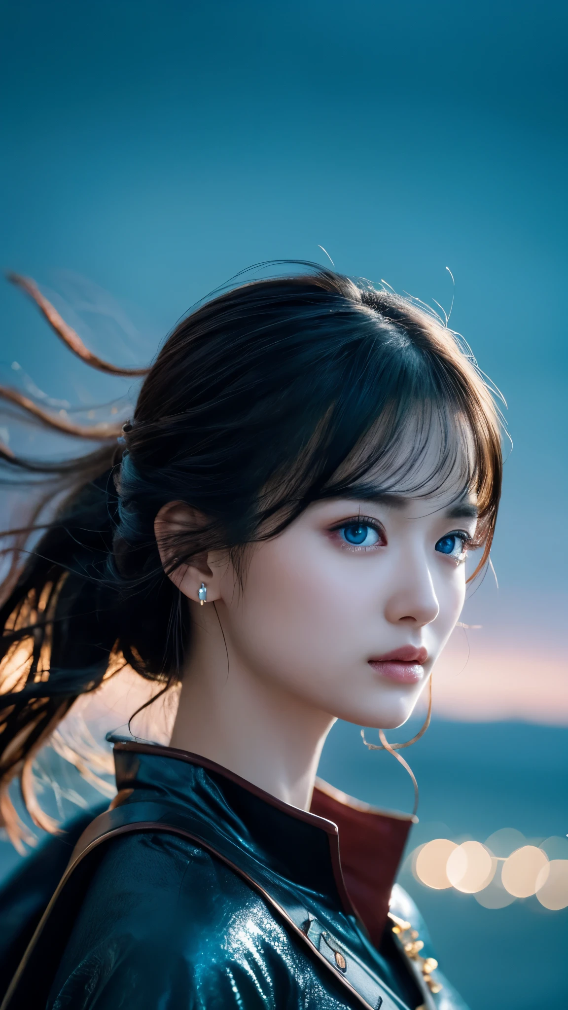 High resolution画像，Young and beautiful woman、Boat Solo、Heroic Cape、、Highest quality、4K、High resolution、Sea of stars、romantic、small、Sharp focus、Very detailed、landscape、idealism、Large sword、evening、High Contrast、Dreamy atmosphere、Realistic、Black Hair、Piercing blue eyes、Stoic expression、device、Far away、Bokeh、Dramatically lit、Fascinating。