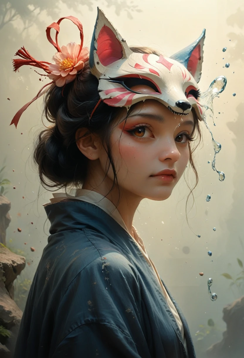 splash art, portrait of beautiful japanese traditional mask KITSUNE with ribbons, , magic, photorealistic, by DKCW  