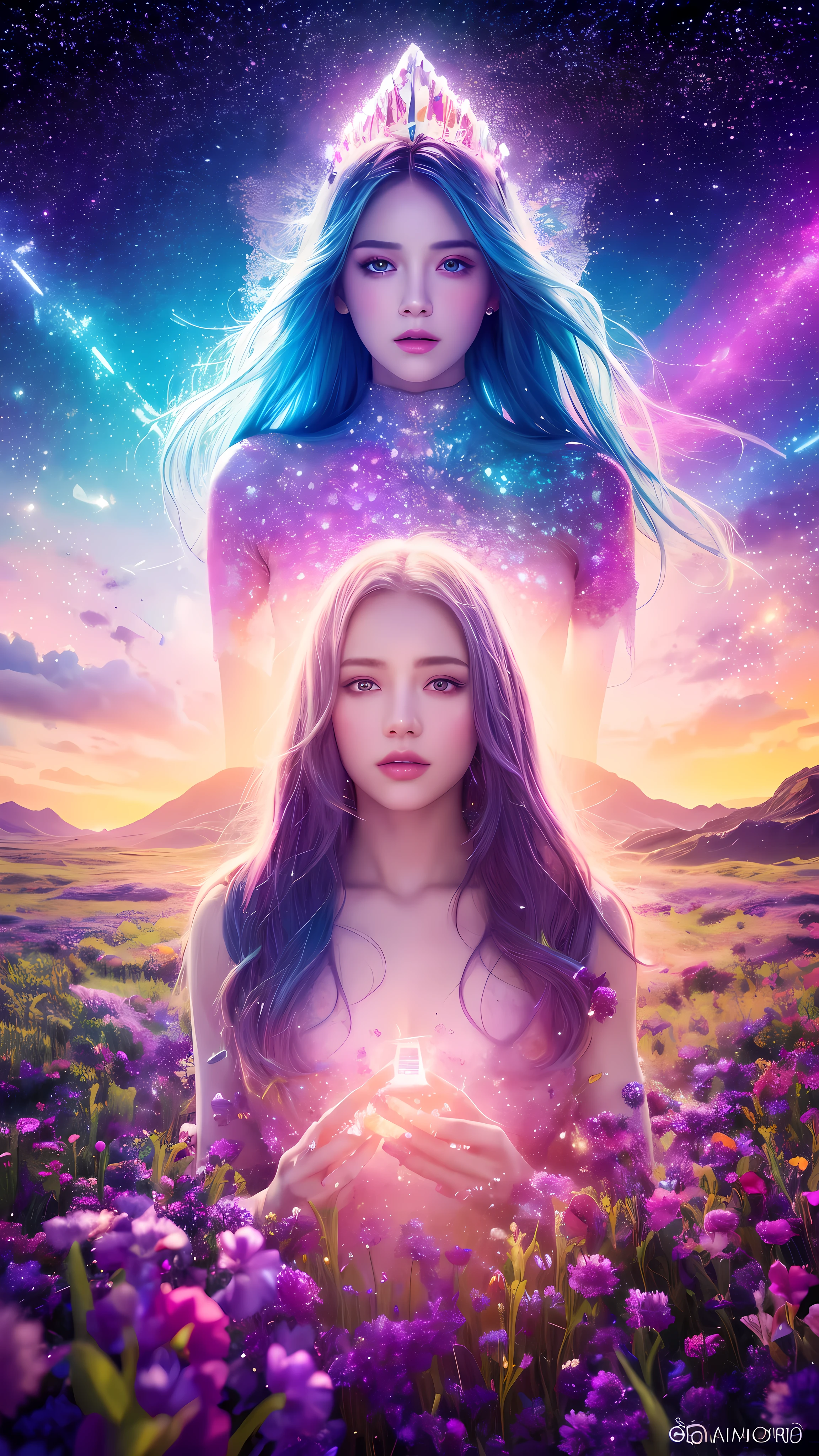 A surreal uncommon landscape, colorful and dreamlike, 1girl standing in a field of floating crystals, detailed face and eyes, ethereal atmosphere, vivid colors, dramatic lighting, intricate details, cinematic composition, award-winning digital art, hyper-detailed, photorealistic, masterpiece