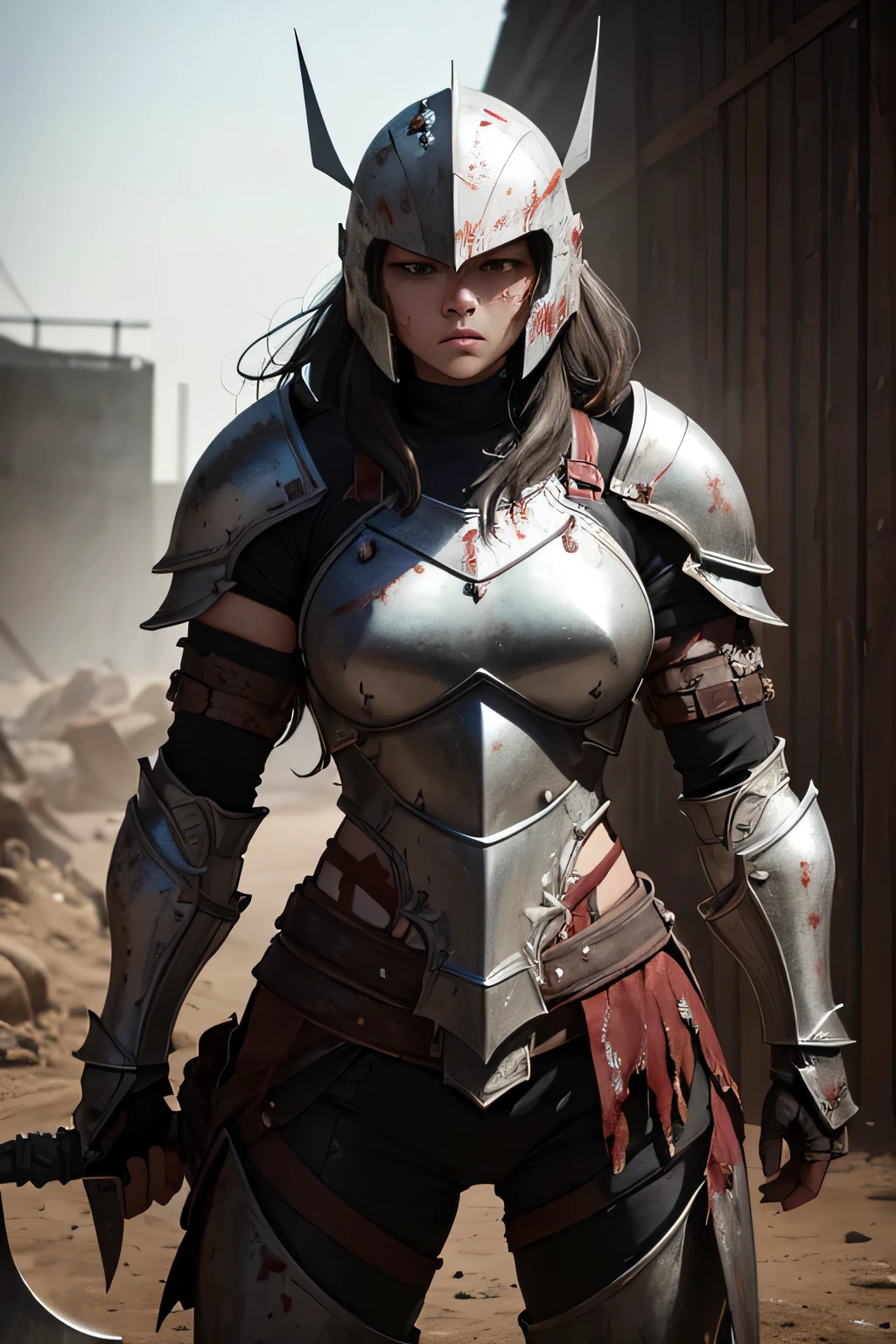 A muscular female heavy-armored warrior in scratched and blood-splattered plate armor, full helmet covered in dirt, wielding a massive axe, sweat dripping, intense gaze