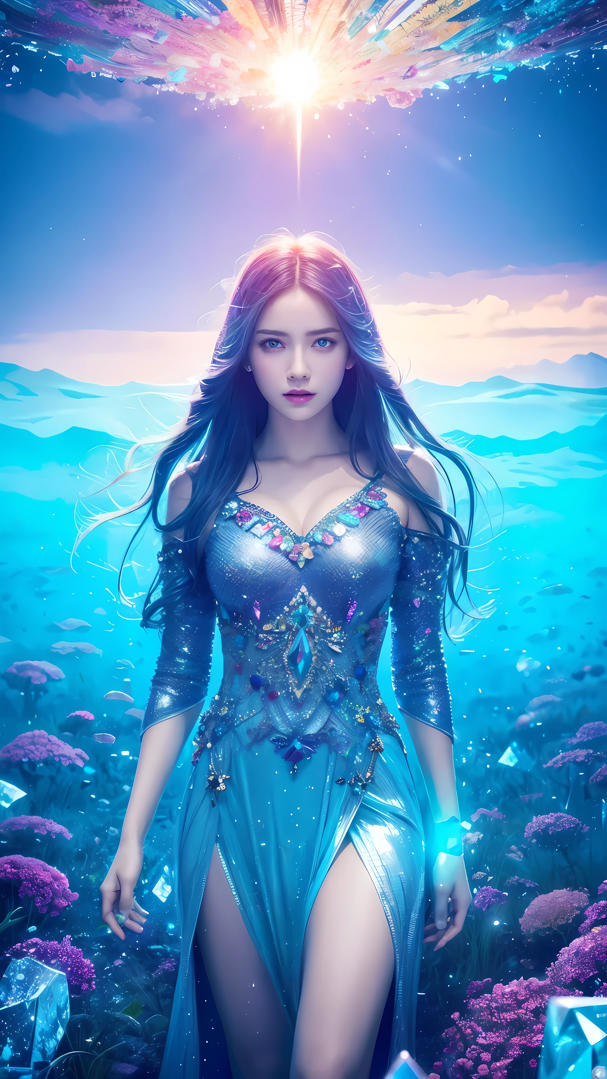 A surreal uncommon landscape, colorful and dreamlike, 1girl standing in a field of floating crystals, detailed face and eyes, ethereal atmosphere, vivid colors, dramatic lighting, intricate details, cinematic composition, award-winning digital art, hyper-detailed, photorealistic, masterpiece