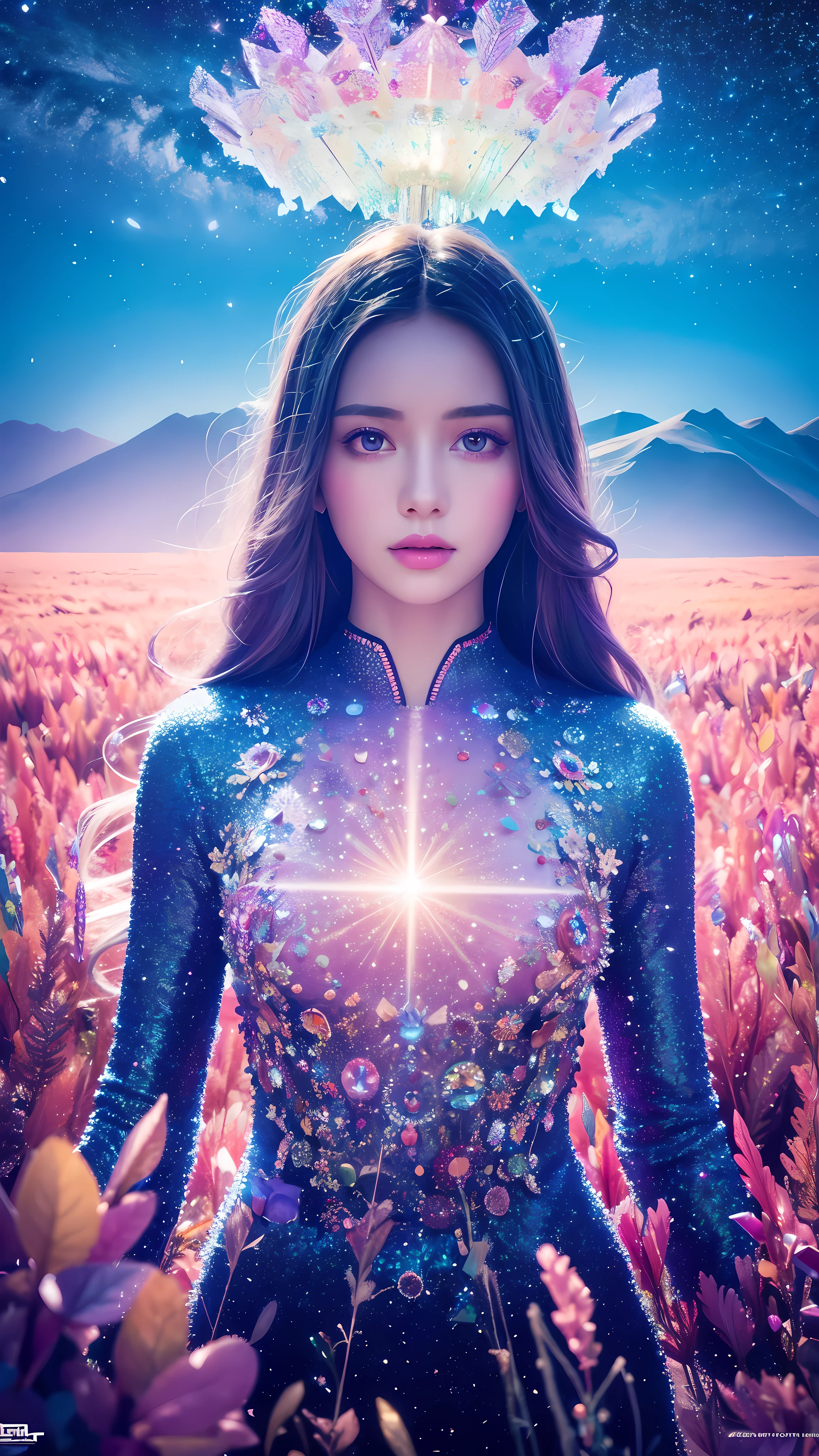 A surreal uncommon landscape, colorful and dreamlike, 1girl standing in a field of floating crystals, detailed face and eyes, ethereal atmosphere, vivid colors, dramatic lighting, intricate details, cinematic composition, award-winning digital art, hyper-detailed, photorealistic, masterpiece