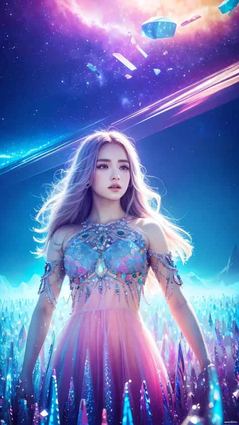 a surreal uncommon landscape, colorful and dreamlike, 1girl standing in a field of floating crystals, detailed face and eyes, et...