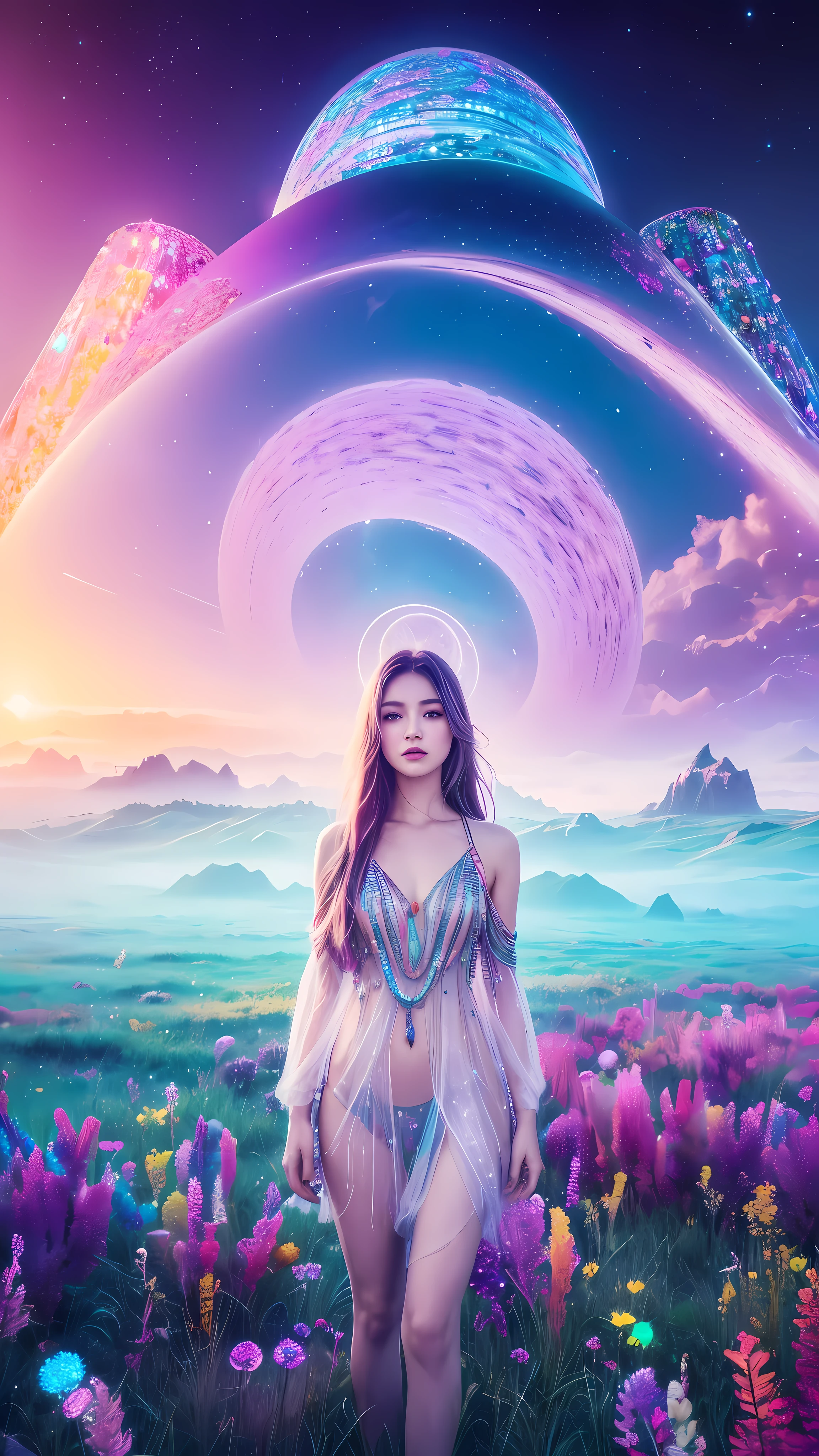 A surreal uncommon landscape, colorful and dreamlike, 1girl standing in a field of floating crystals, detailed face and eyes, ethereal atmosphere, vivid colors, dramatic lighting, intricate details, cinematic composition, award-winning digital art, hyper-detailed, photorealistic, masterpiece