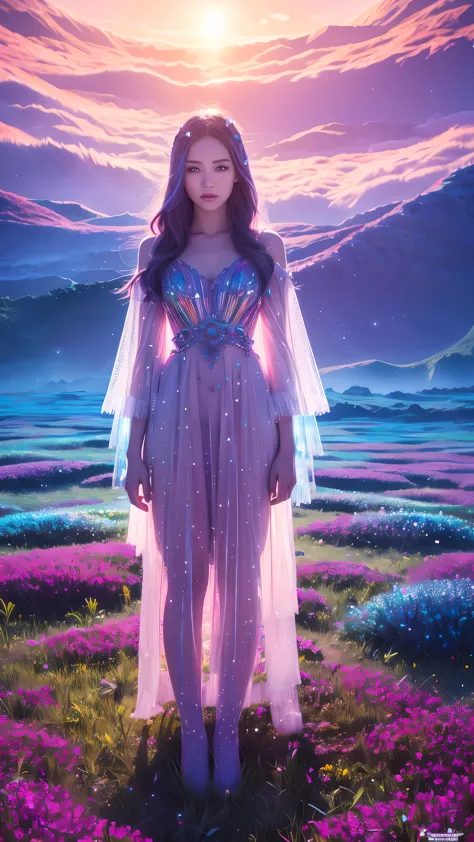 a surreal uncommon landscape, colorful and dreamlike, 1girl standing in a field of floating crystals, detailed face and eyes, et...