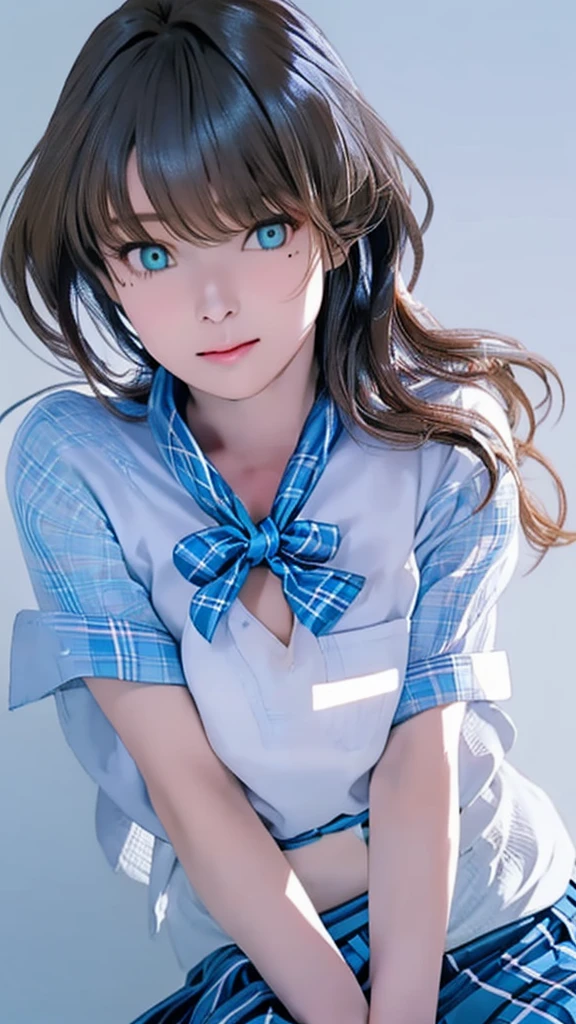 (masterpiece, highest quality), beautiful illustrations, (natural side lighting, movie lighting), 
1girl, tamaki,  green eyes, black hair, bob cut, mole under right eye,
((White shirt with short sleeve collar, school uniform, blue checked pleated skirt, blue plaid bow tie)), 
 morning, ((looking sideways))