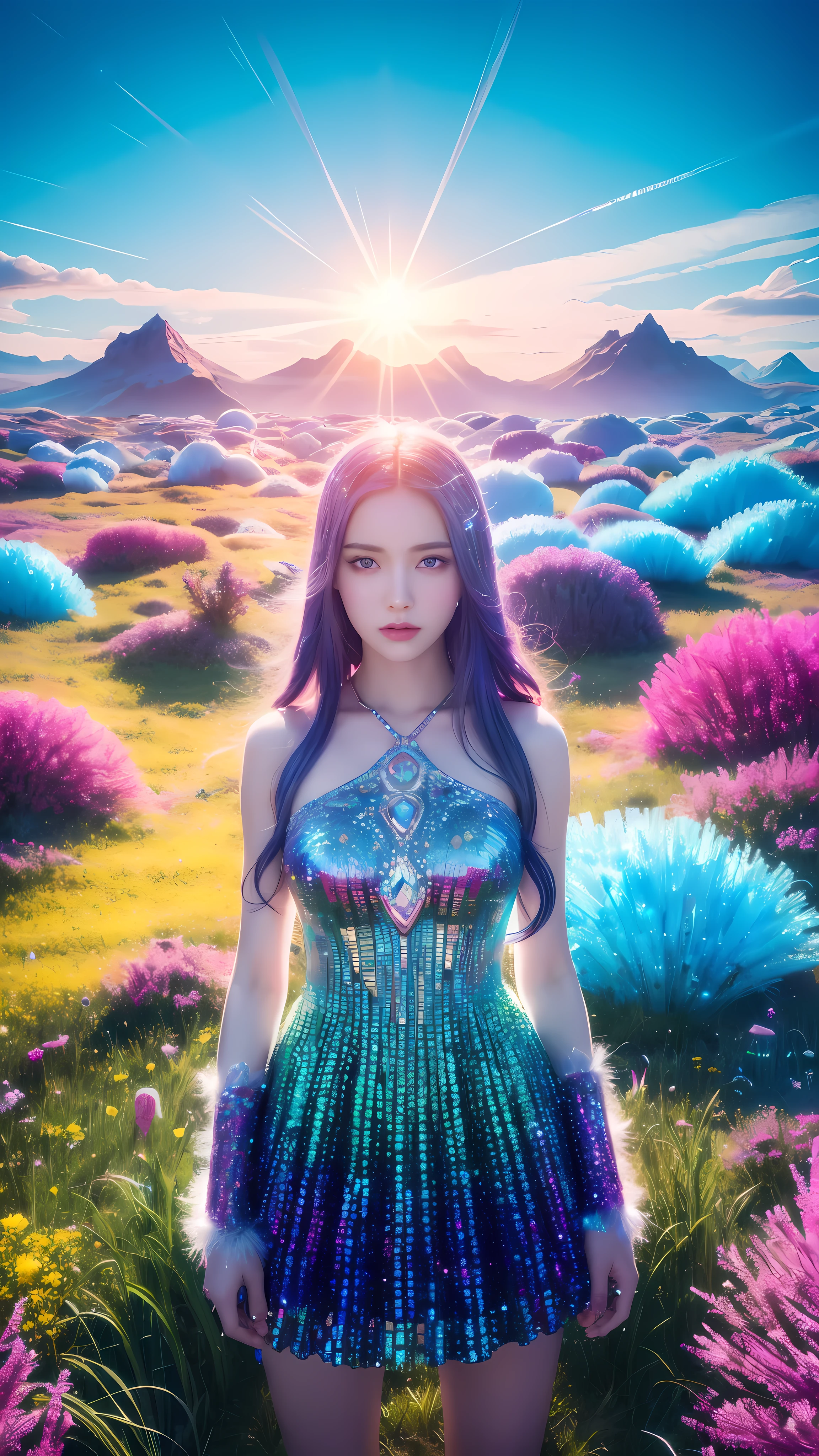 A surreal uncommon landscape, colorful and dreamlike, 1girl standing in a field of floating crystals, detailed face and eyes, ethereal atmosphere, vivid colors, dramatic lighting, intricate details, cinematic composition, award-winning digital art, hyper-detailed, photorealistic, masterpiece