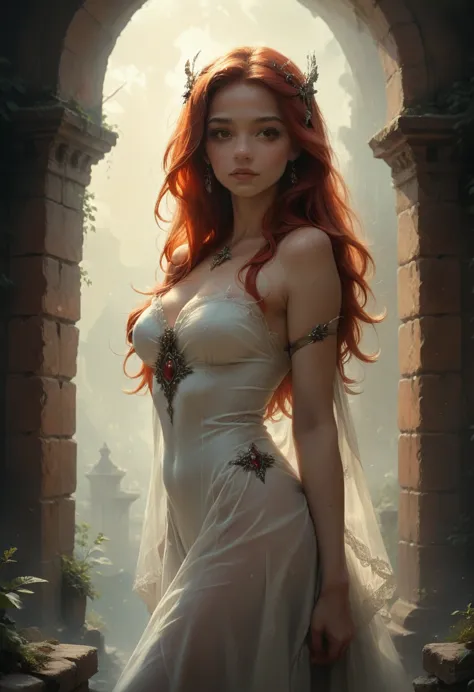 beautiful tall woman with red hair and yellow eyes, super realistic and well detailed costume.