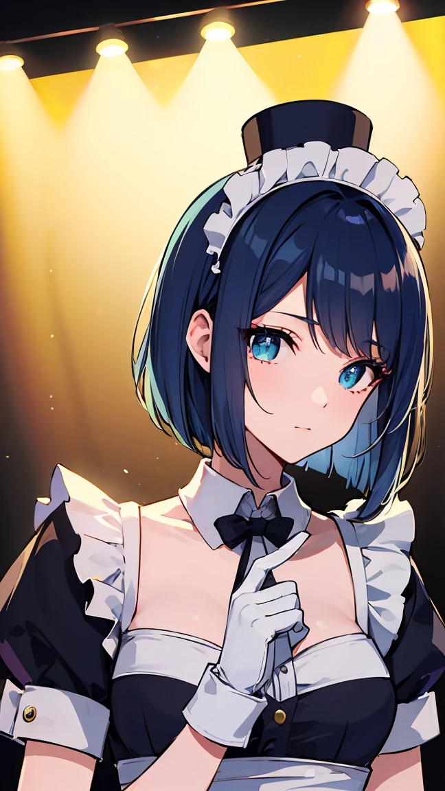 ((best quality)), ((masterpiece)), (detailed), perfect detailed eyes, perfect detailed face, blue hair, bob cut, hairpin, maid, maid costume, Tap dancing on a theater stage, in the spotlight, Wear a top hat and white gloves