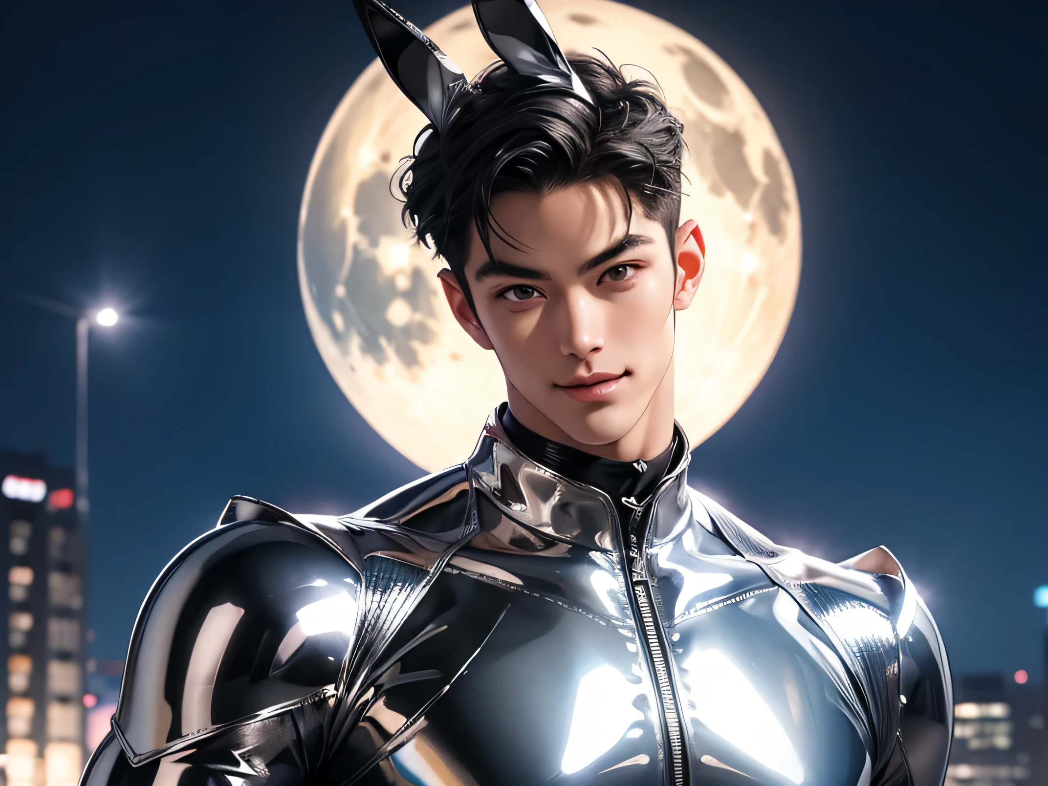 Japanese　　Handsome model　male　　smile　　　Black Hair　　Short cut　Short hair　　　looking at the camera　　　　　Shiny full-body silver suit　Mega Bulge　　Shiny silver latex suit　　looking at the camera　future world　 　universe　Full moon in the background　　　Upper body close-up　Face close-up　Bunny ears　　Bunny ears　kawaii