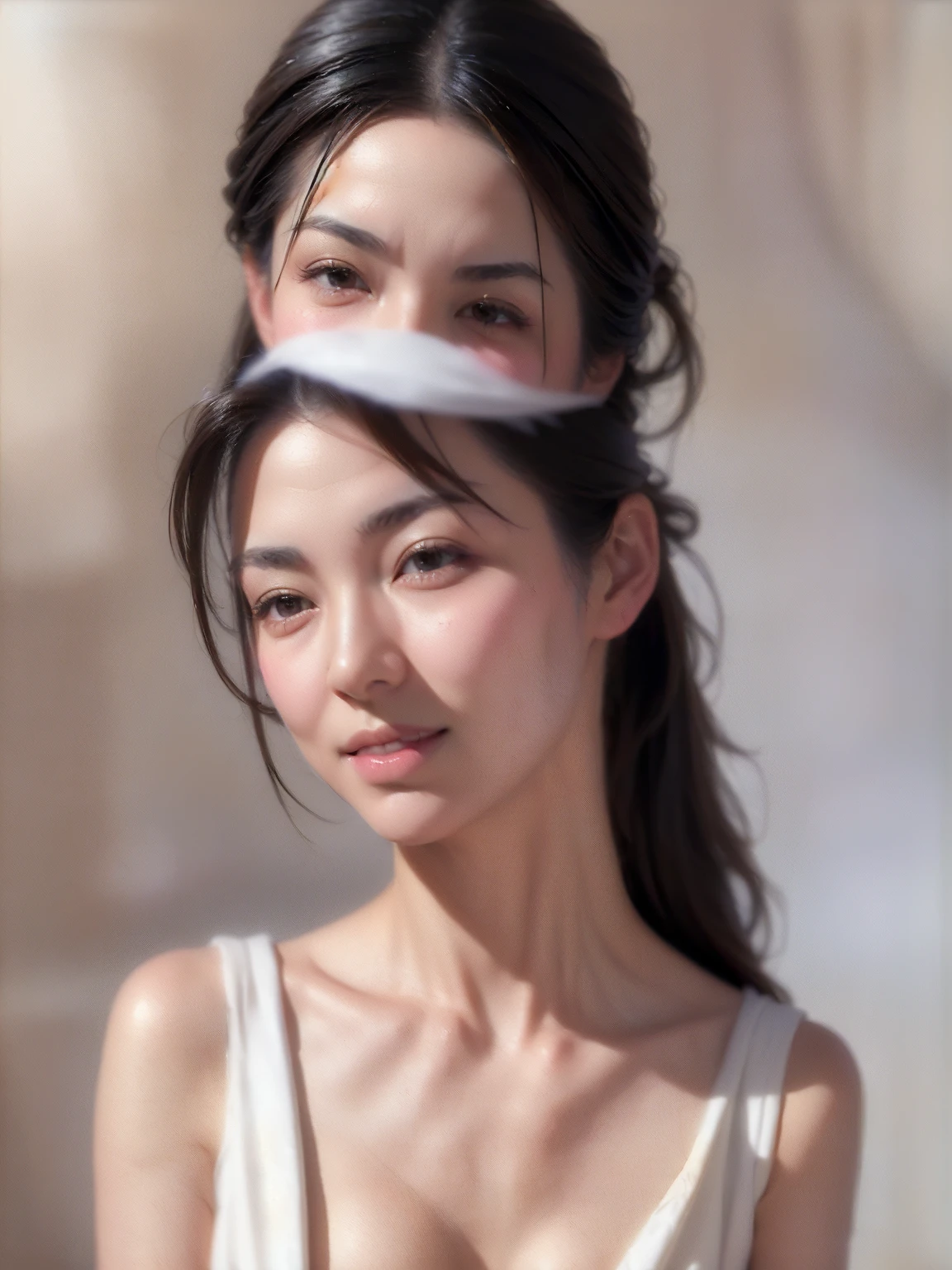 ((Highest quality, 8k, Ultra-high resolution)), ((masterpiece: 1.3)), (Perfect appearance), (Photorealism: 1.6), (JMA), (Who), (Mature Japanese woman portrait), (Blurred Background: 1.8), (fantastic light), ((Realistic skin texture)), (Fine wrinkles appear all over the skin, Dullness, Unmoisturized skin, Wrinkles around the eyes, double eyelid, Lower eyelid furrow, Dimples, (Raised corners of the eyes), (Thin eyebrows), bulbous nose, Slightly parted lips, Smiling Kindly, (Mourning clothes: 1.2), (Small breasts),
