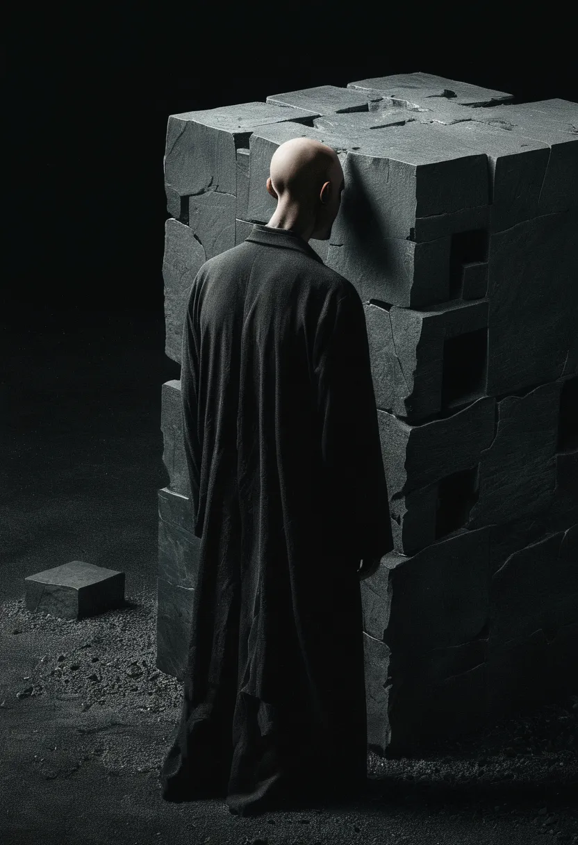 faceless man,(((cube head)))，cube anthropomorphism，bend over，tired，broken wall，cliff，ghost，cliff，alessio albi, abstract surreali...