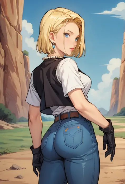 perfect eyes:1.2, detailed eyes:1.4, serious, sysdeep_android18, breasts, blonde hair, blue eyes, short hair, earrings, black wa...