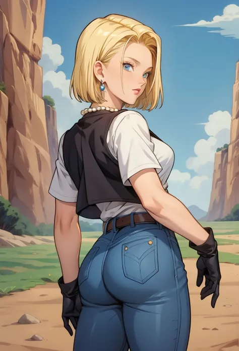 perfect eyes:1.2, detailed eyes:1.4, serious, sysdeep_android18, breasts, blonde hair, blue eyes, short hair, earrings, black wa...