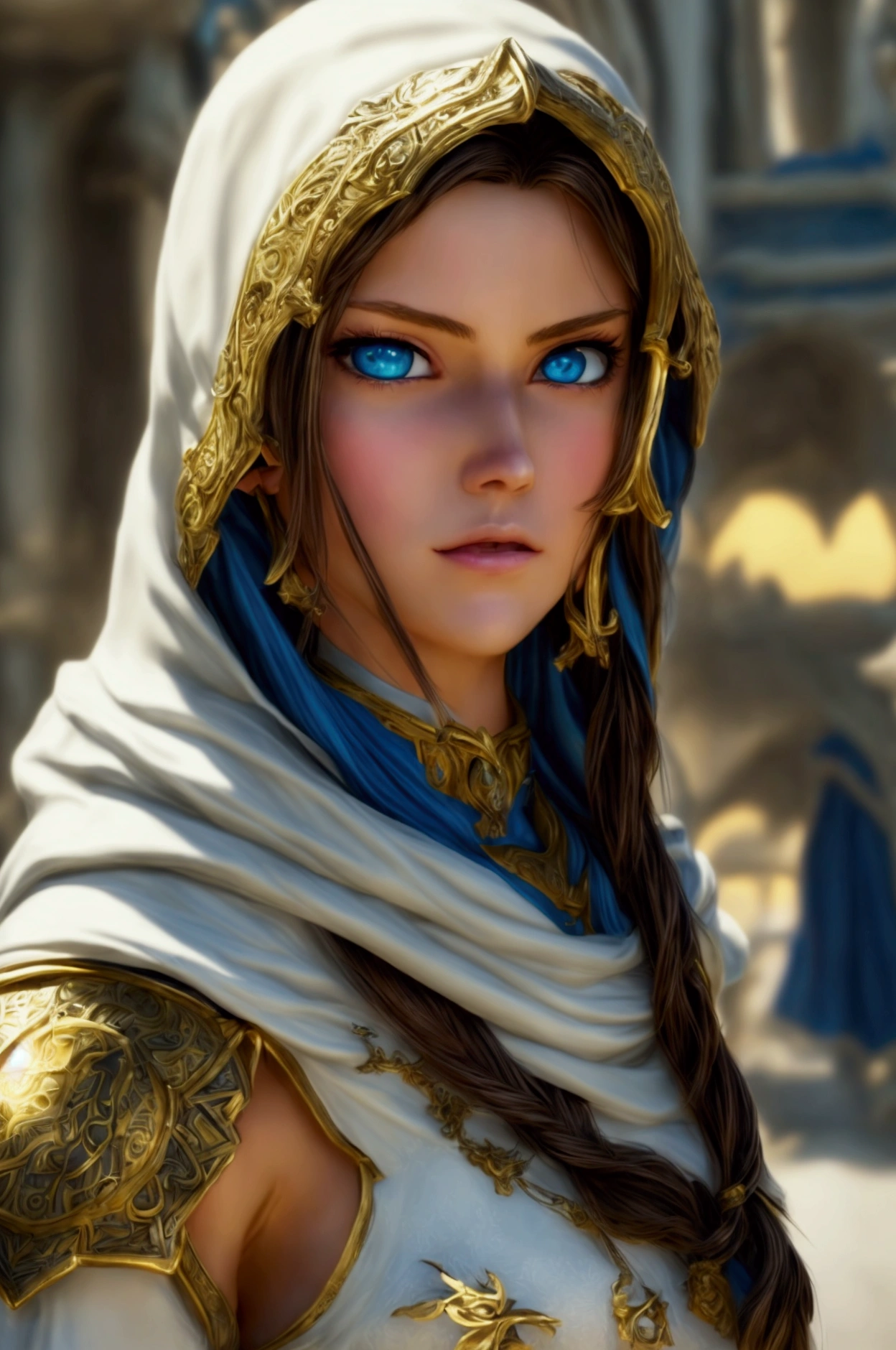 A full body photo of Princess Zelda., Brown hair, blue eyes, dressed as an assassin from Assassins Creed, in white+gold with white mask and hood with gold details, XL Bust, wearing a wristband. bottom: A city during the Renaissance period. unreal engine 5, cheered up, cheered up style, masterpiece, well drawn eyes, well drawn face, well detailed eyes, Well detailed face, 8k, light and shadow effect.  