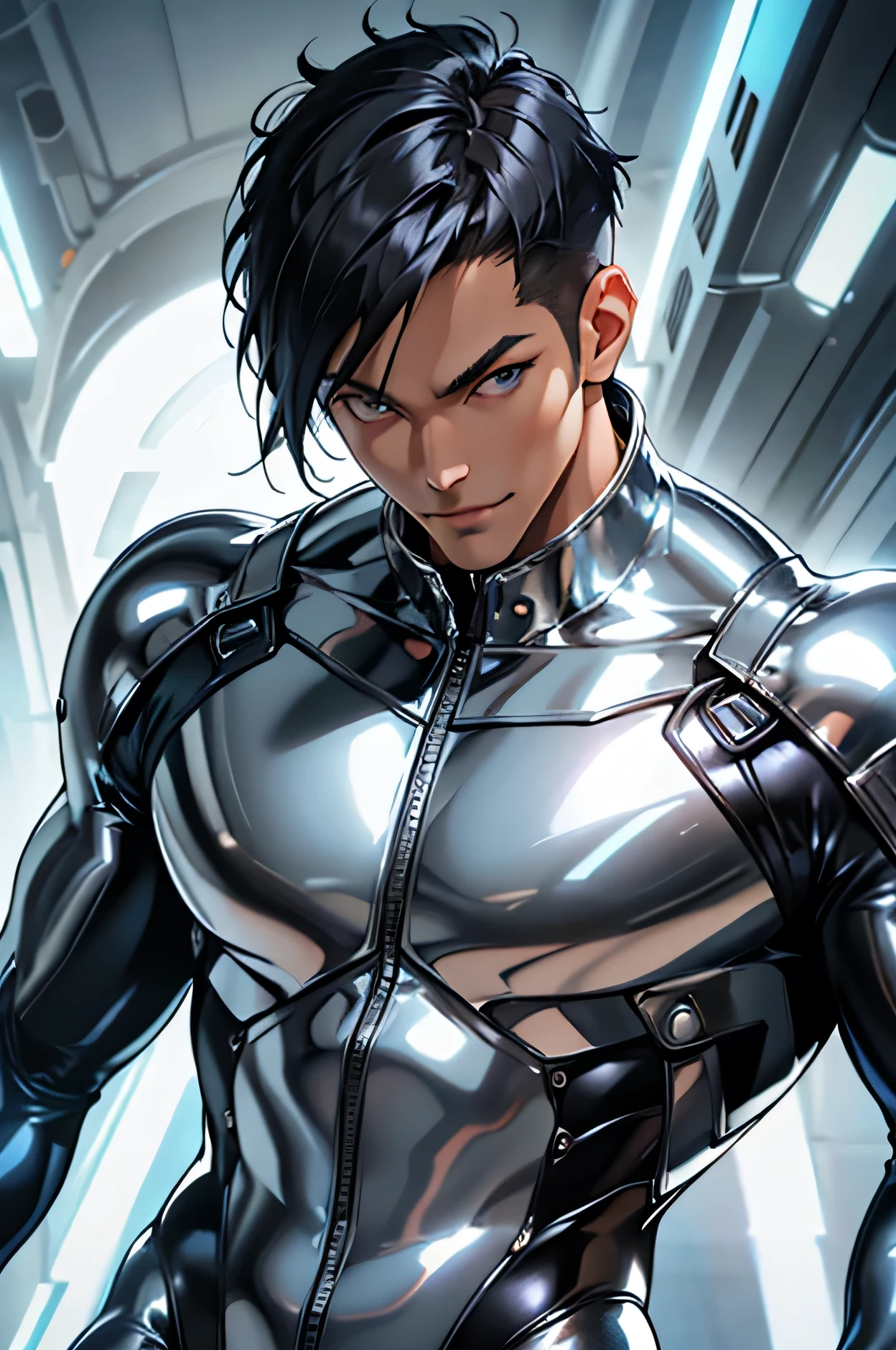 Japanese　　Handsome model　Fierce　Feral　　smile　　　Black Hair　　Short cut　Short hair　　　looking at the camera　　　　　Shiny full-body silver suit　　　Shiny silver latex suit　　looking at the camera　future world　　Face close-up　　　　　Handsome model　Fierce　Feral　Face close-up